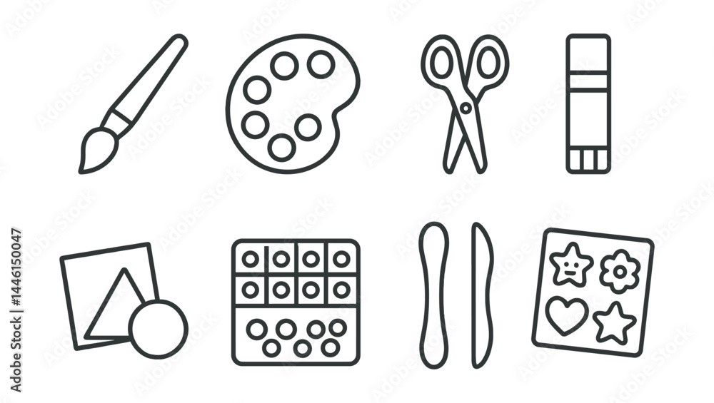 Line style icons of kids’ creativity: painting brush, color palette, craft scissors, glue stick, paper shapes, bead box, clay tools, sticker set.