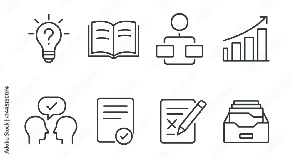 Line style icons of research workflow: hypothesis step, literature icon, method flow, results bar, peer review, publish step, edit correction, data archive.