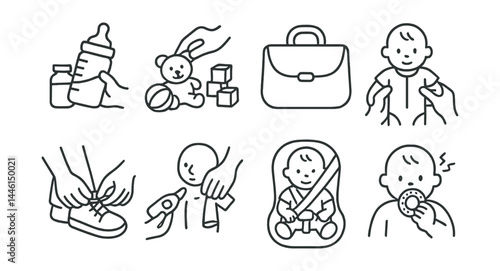 Obraz na płótnie Line style icons of childcare tasks: bottle prep, toy cleanup, diaper bag, outfit change, shoe tying, car seat belt, temperature check, teething relief. w salonie
