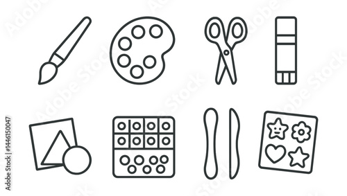 Obraz na płótnie Line style icons of kids’ creativity: painting brush, color palette, craft scissors, glue stick, paper shapes, bead box, clay tools, sticker set. w salonie