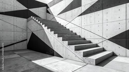 Brutalist architecture, concrete staircase, geometric shapes, sharp angles, monochromatic, high contrast, minimalist design, abstract composition, diagonal lines, shadowy lighting, 