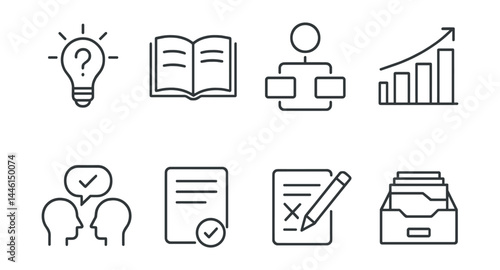 Obraz na płótnie Line style icons of research workflow: hypothesis step, literature icon, method flow, results bar, peer review, publish step, edit correction, data archive. w salonie