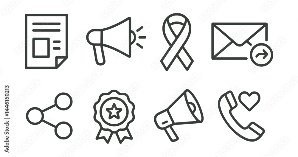 Line style icons of campaign promotion: flyer icon, megaphone, awareness ribbon, email outreach, social share, campaign badge, media spotlight, call to give.