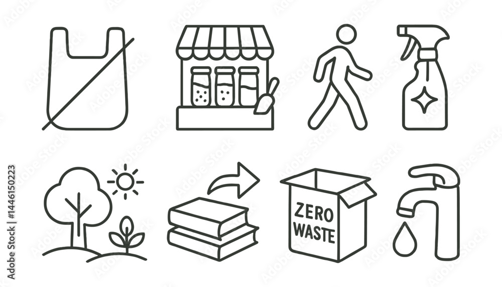 Line style icons of sustainable habits: no plastic bag, bulk store, walk instead, DIY cleaner, nature hour, borrow instead, zero waste box, mindful rinse.