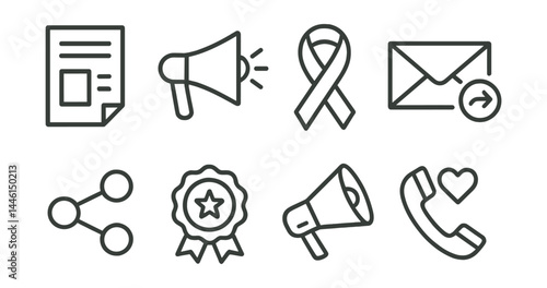 Obraz na płótnie Line style icons of campaign promotion: flyer icon, megaphone, awareness ribbon, email outreach, social share, campaign badge, media spotlight, call to give. w salonie