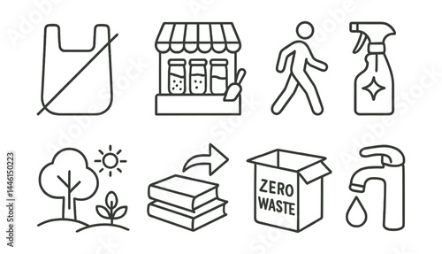 Obraz na płótnie Line style icons of sustainable habits: no plastic bag, bulk store, walk instead, DIY cleaner, nature hour, borrow instead, zero waste box, mindful rinse. w salonie
