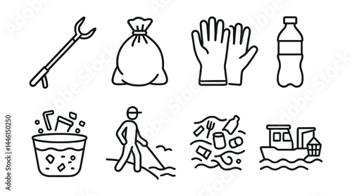 Line style icons of ocean cleanup: beach grabber, trash sack, gloves icon, plastic bottle, sea bin, coast patrol, marine debris, cleanup boat.