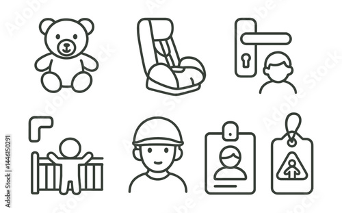 Obraz na płótnie Line style icons of child safety: safe toy, car seat icon, corner guard, child lock, helmet head, safety rail, child ID, school safety tag. w salonie