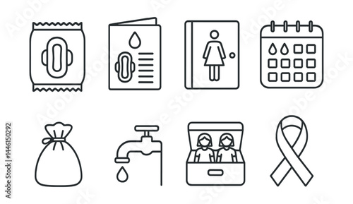 Obraz na płótnie Line style icons of menstrual health support: pad packet, info guide, clean restroom, period tracker, privacy bag, water access, girls’ hygiene kit, awareness symbol. w salonie