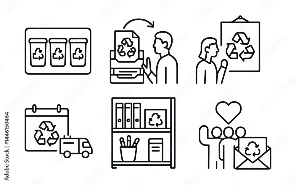 Line style icons of business recycling: office bin system, paper tray return, staff challenge, breakroom poster, bulk pickup calendar, supply reuse shelf, team pledge, email tips.