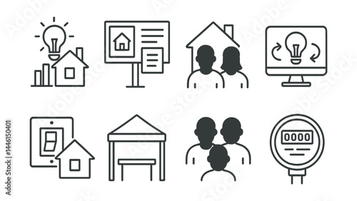 Line style icons of neighborhood saving programs: energy challenge, local tip board, home check volunteers, energy monitor share, block switch event, sign-up tent, co-op group, common meter.