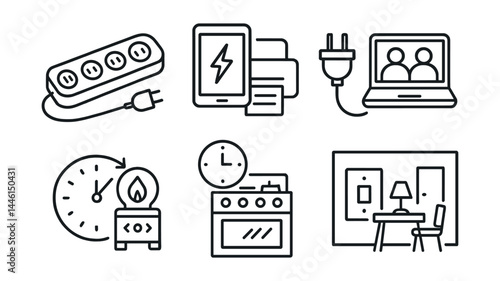 Line style icons of power-sharing setups: smart strip, dual-use device, plug rotation, shared laptop, shift task hours, off-peak cook time, wall switch zone, co-use room.