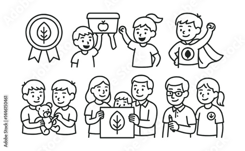 Obraz na płótnie Line style icons of kids’ zero waste club: badge icon, lunch challenge, eco superhero, toy fix group, family poster, swap day calendar, teacher support, creative badge. w salonie