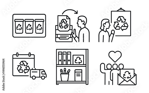 Obraz na płótnie Line style icons of business recycling: office bin system, paper tray return, staff challenge, breakroom poster, bulk pickup calendar, supply reuse shelf, team pledge, email tips. w salonie