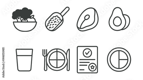 Line style icons of balanced plate: veggie portion, whole grain scoop, lean protein, healthy fats icon, hydration glass, colorful plate, nutrient tracker, portion layout.