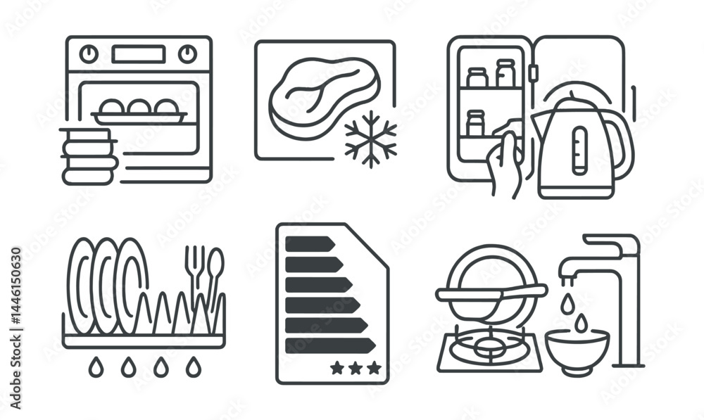 Line style icons of efficient kitchen routines: oven batch cook, defrost before cook, fridge seal check, kettle fill line, air-dry dish rack, energy label reminder, stove match size, cold water prep.