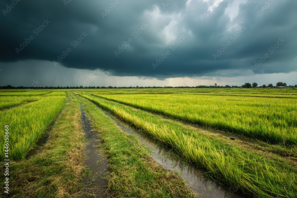 Extreme Weather Over Flooded Rice Fields Highlighting Agricultural Challenges