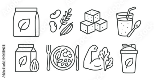 Line style icons of plant-based sports diet: soy protein bag, beans + grains, tofu cubes, smoothie + seeds, almond milk icon, balanced vegan plate, muscle + greens icon, plant-based shake.