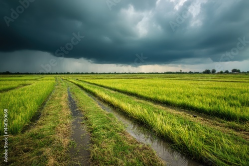 Obraz na płótnie Extreme Weather Over Flooded Rice Fields Highlighting Agricultural Challenges w salonie