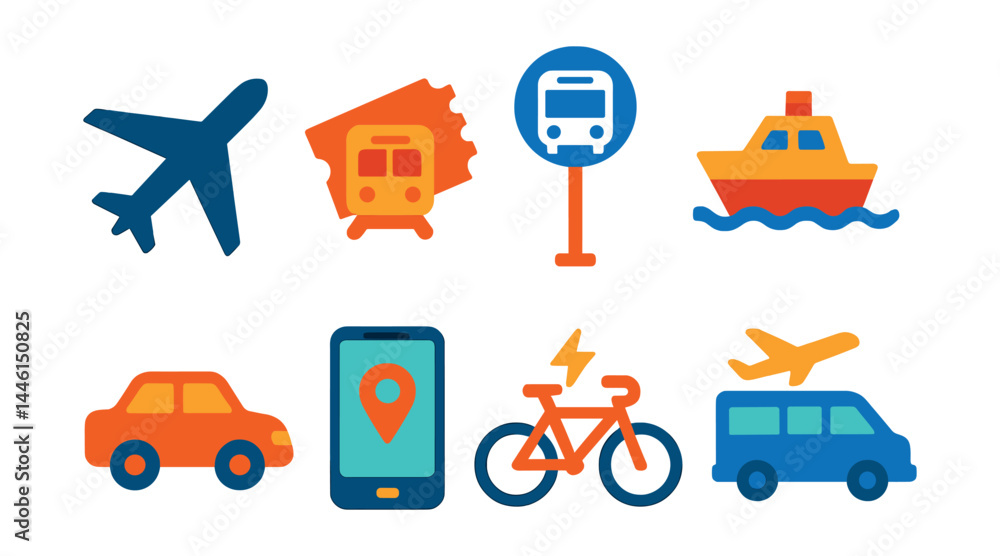 Flat vector icons of transportation options: airplane icon, train ticket, bus stop sign, ferry deck, road trip car, ride booking app, e-bike rental, airport shuttle.