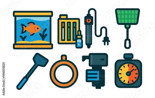Flat vector icons of aquatic pet care: fish tank icon, water testing kit, aquarium heater, fish net, algae scraper, feeding ring, filtration pump, light timer.
