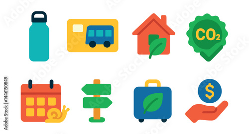 Flat vector icons of eco-friendly travel: reusable bottle, public transport pass, sustainable lodging icon, low carbon badge, slow travel calendar, eco activity choice, waste-free packing, local