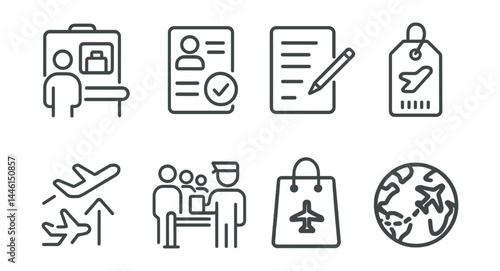 Line style icons of international travel: customs scan, visa check, entry form, baggage tag, gate symbol, passport queue, duty-free icon, global flight map.