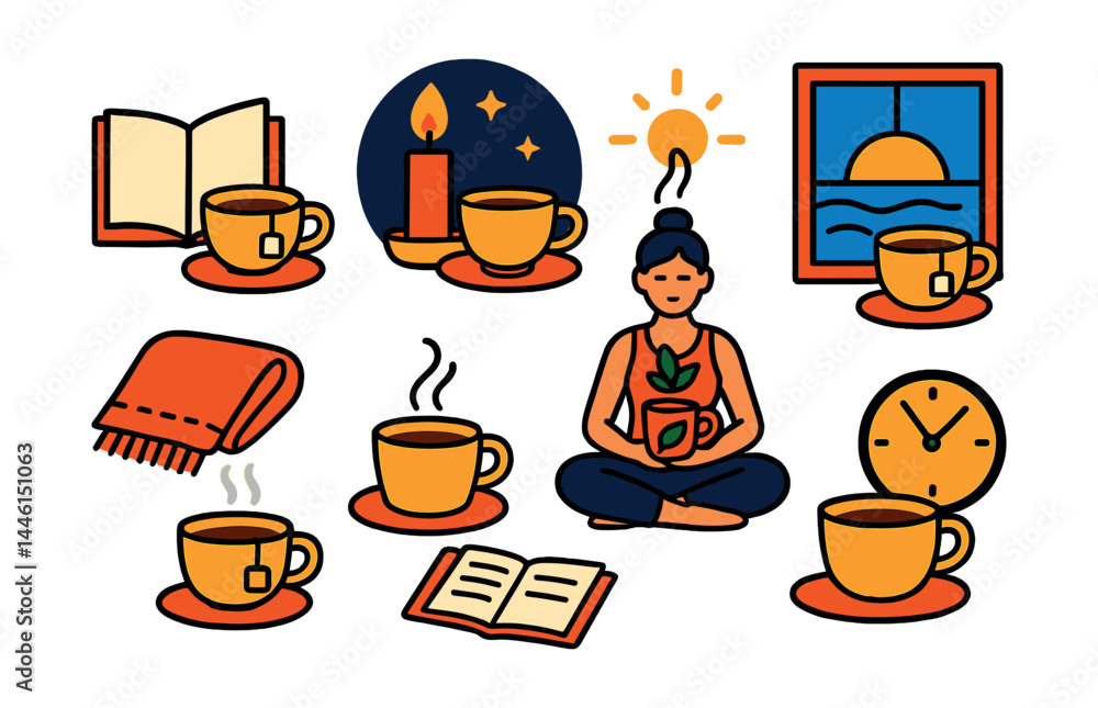 Flat vector icons of relaxing tea moments: book and teacup icon, evening tea with candle, morning tea with sunrise, window view with tea, blanket and hot tea, meditation with herbal tea, tea with