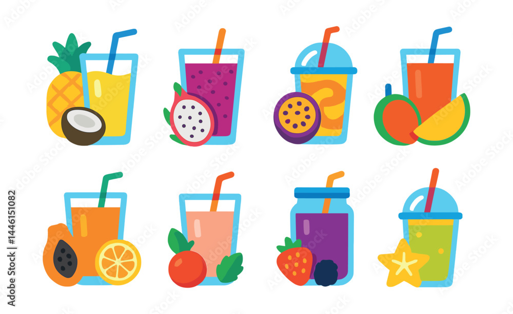 Flat vector icons of tropical smoothie blends: pineapple coconut smoothie, dragon fruit mix, passionfruit swirl, guava mango combo, papaya citrus blend, lychee mint smoothie, tropical berry jar,