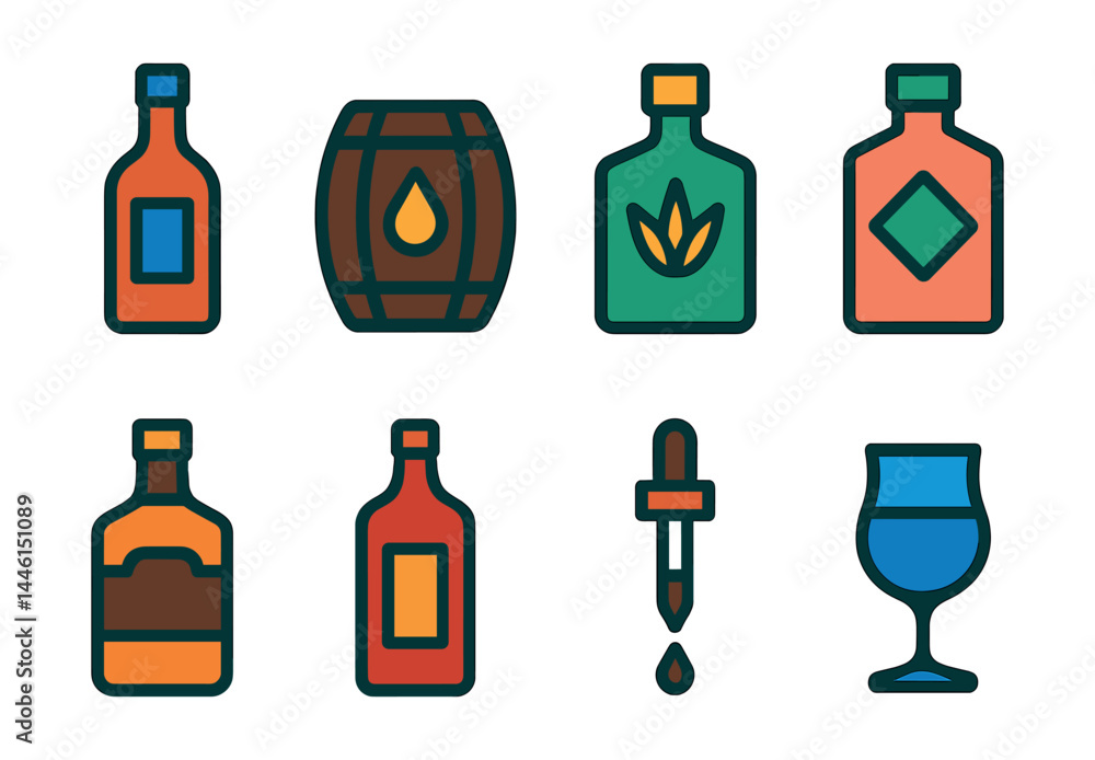Flat vector icons of alcohol types used in cocktails: vodka bottle, rum icon, tequila bottle, gin symbol, whiskey bottle, vermouth label, bitters dropper, liqueur glass.