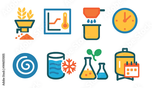 Flat vector icons of brewing process stages: grain crushing icon, mashing temperature chart, sparging water symbol, boiling timer badge, whirlpool symbol, cooling phase icon, yeast pitching,