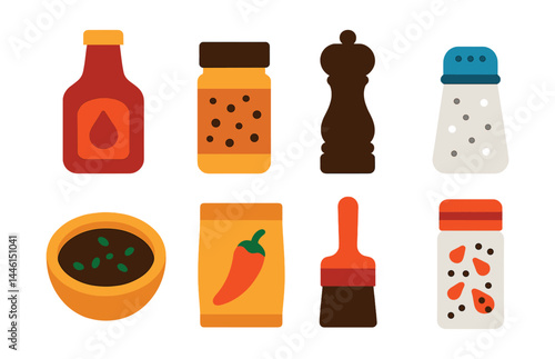 Flat vector icons of sauces and seasoning: BBQ sauce bottle, dry rub jar, pepper grinder icon, salt shaker, marinade bowl, spice blend pouch, sauce brush, chili flakes container.