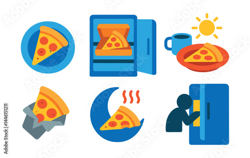 Flat vector icons of cold pizza and leftovers: cold slice on plate, leftover box in fridge, pizza for breakfast icon, reheated slice symbol, pizza in foil wrap, midnight snack slice, half-eaten crust