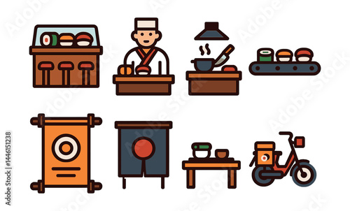 Flat vector icons of sushi restaurant scenes: sushi bar counter, chef behind the bar, open kitchen view, sushi on conveyor belt, traditional menu scroll, Japanese curtain at entrance, table with tray