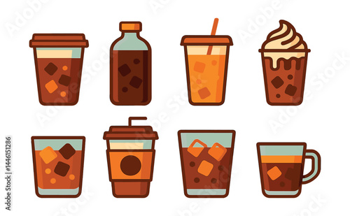 Flat vector icons of iced coffee beverages: iced americano cup, cold brew bottle, iced latte with straw, frappe with whipped cream, iced mocha with chocolate drizzle, coffee over ice cubes, takeaway