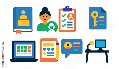 Flat vector icons of teacher support tools: teaching guidebook, grading assistant icon, assignment tracker, answer key file, digital attendance sheet, custom quiz builder, feedback manager, teacher