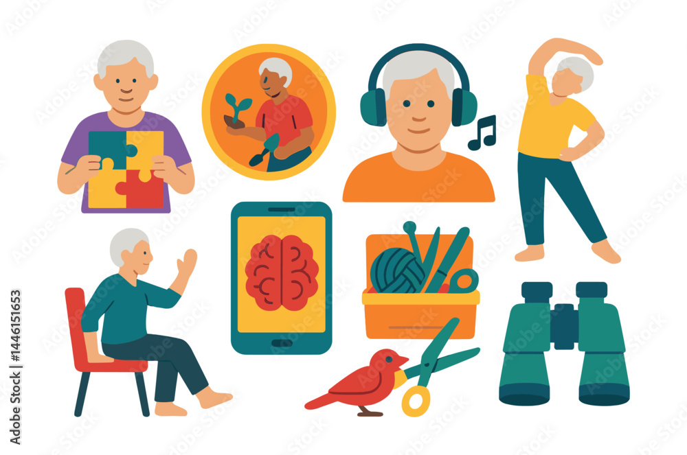 Flat vector icons of elder wellness and activities: puzzle solving icon, garden activity badge, music therapy headset, light stretching session, chair yoga pose, brain training app, hobby craft kit,