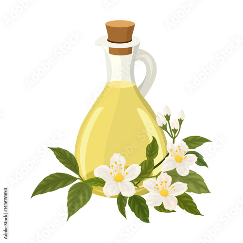 Glass bottle with Jasmine flowers and oil
