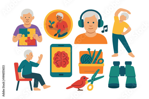Obraz na płótnie Flat vector icons of elder wellness and activities: puzzle solving icon, garden activity badge, music therapy headset, light stretching session, chair yoga pose, brain training app, hobby craft kit, w salonie