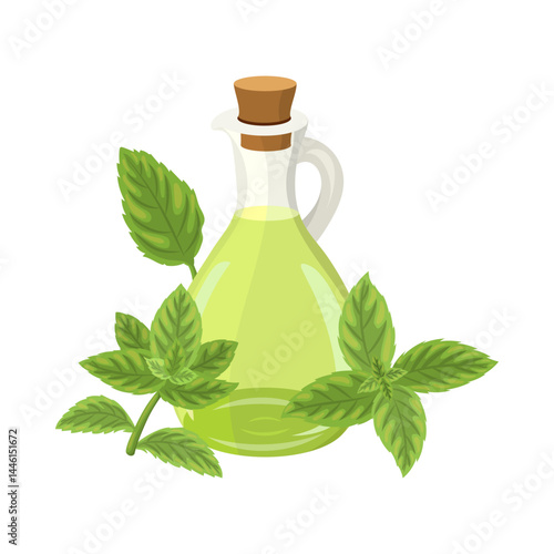 Glass jar with lemon balm leaves and oil