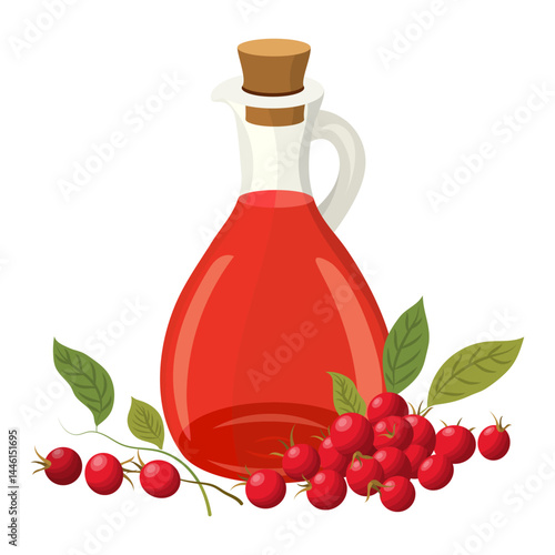Glass jar with rosehip berries and oil