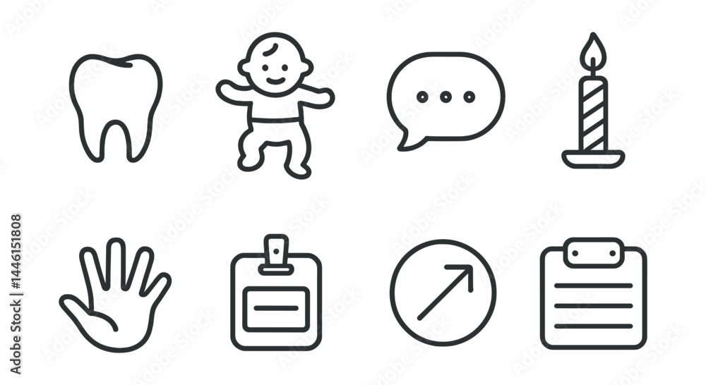 Line style icons of milestones: first tooth, first steps, first word, birthday candle, handprint art, name tag, growth sticker, milestone board.