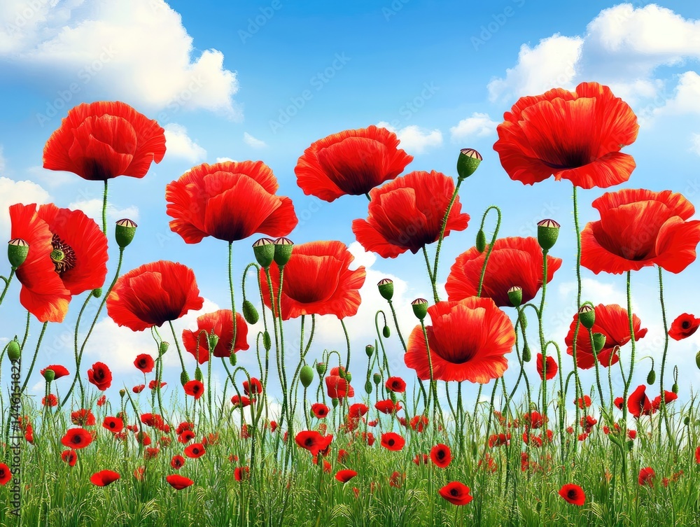 Naklejka premium Vibrant Poppy Field Under a Summer Sky.