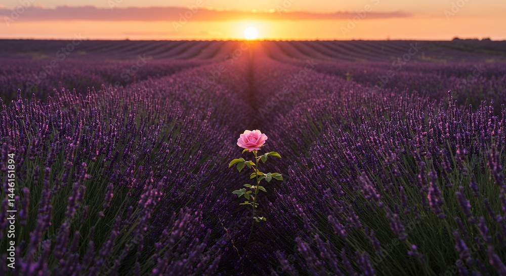 Fototapeta premium Pink rose in lavender field at sunset