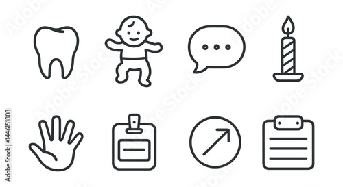 Obraz na płótnie Line style icons of milestones: first tooth, first steps, first word, birthday candle, handprint art, name tag, growth sticker, milestone board. w salonie