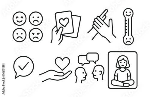 Line style icons of emotional learning: feeling faces, sharing card, empathy hand, emotion thermometer, safe word, kind act, peer talk, time-in space.