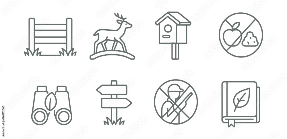 Line style icons of wildlife protection: habitat fence, animal crossing, nest box, food ban icon, eco binoculars, trail sign, anti-poaching icon, field log.
