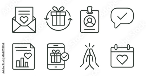Line style icons of donor engagement: thank-you letter, recurring gift, donor badge, feedback loop, impact report, gift tracker, gratitude icon, monthly supporter.