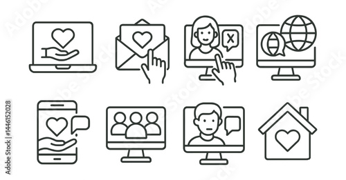 Line style icons of virtual volunteering: laptop help, email outreach, online tutor, translation aid, digital support, virtual group, remote briefing, home volunteering.