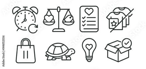 Line style icons of mindful consumption: wait 24 hours, need vs want, wishlist icon, quality over quantity, shopping pause, slow habit, intention icon, clutter check.